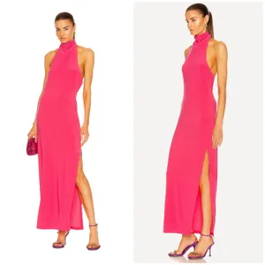 Norma Kamali Halter Turtleneck Side Slit Maxi Dress Size XS Coral Jersey Stretch thumbnail 2