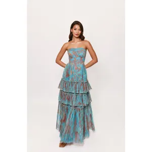 Hutch Isabella Gown Sz 2 NWT Romantic Vining Painted Floral Tulle Blue/Copper thumbnail 2