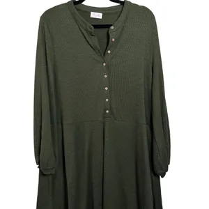 Pink Lily Olive‎ Green Waffle Knit Button Neck Swing Dress Size L thumbnail 4