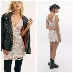 Free People Lace Night Shimmers Mini Dress Size 4 White Sequin Ivory Bridal thumbnail 13