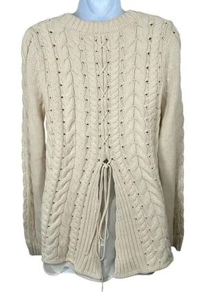Cabi Womens Sweater‎ Small Cable Knit Corset Tie Back Style 3157 Ivory Cream thumbnail 1