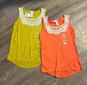 2 NWT Lizwear Lace Neck Tank Tops‎ Green and Orange Size Small thumbnail 1