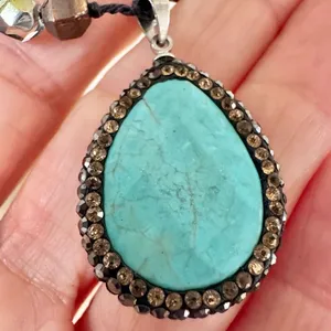 Blue and gold tone beaded long teardrop pendant necklace thumbnail 2
