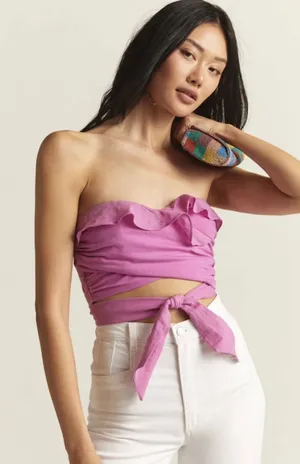 Anthropologie Strapless Wrap Top Women Size M Pink Rose New Boho Ruffle‎ Crop thumbnail 1