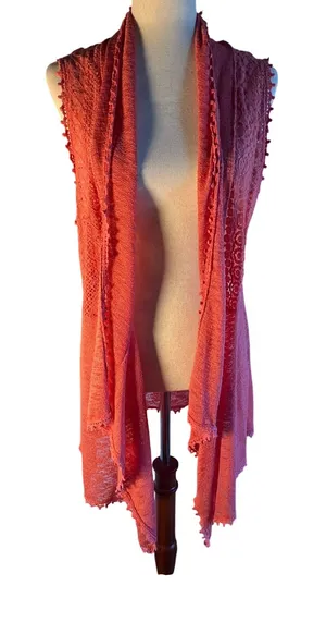 Coral Lace Crochet Long Vest Open Front Draped boho sleeveless thumbnail 1