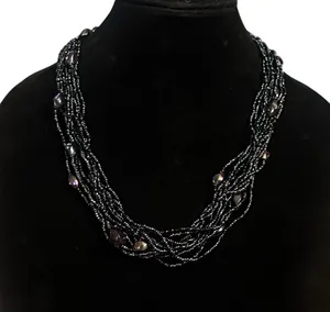 Vintage iridescent black multi strand seed bead necklace thumbnail 1