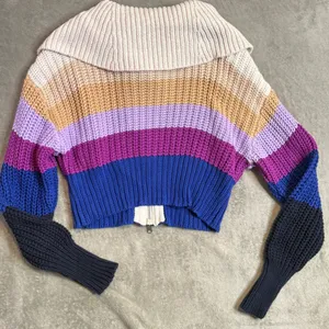 Women's Chunky Knit Colorblock Ribbed Knit Full Zip Sweater Size S Cropped Retro thumbnail 3