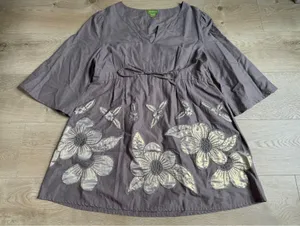 Vintage Femme tunic drawstring waist cotton embroidered flowers brown size L thumbnail 1