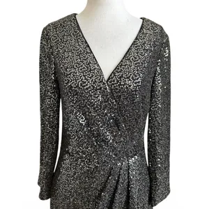 Eliza J Womens 10 Sequin V Neck Long Sleeve Cocktail Dress Black Gold | 24-11 thumbnail 3
