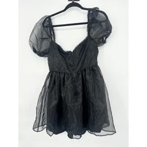 Widow Dolls Kill Black Babydoll Mini Dress Puff Sleeves Organza Large Goth Vamp‎ thumbnail 3