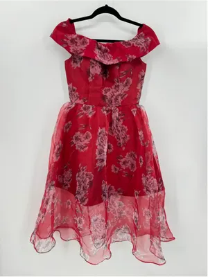 Chi Chi Red Dress Gray Floral Mini Skirt Midi Sheer Overlay Off Shoulder Size 4 thumbnail 8