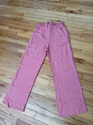 Thread & Supply Linen Pleated Belt Paperbag High Waist Wide Trousers Sz L Rose Pink crinkle texture tie waistband ruffled flowy coastal thumbnail 4