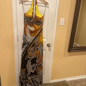 MARY L COUTURE Beads Halter print Dress Sz 10 Yellow Multi 100% SILK thumbnail 5