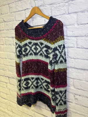 Free People Reed Fair Isle Print Chunk Knit Sweater Wool Linen Alpaca Medium thumbnail 13