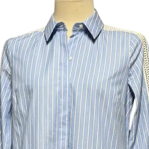 Etcetera Cotton Lace Button Up Shirt Shift Dress Blue White Stripe 4 thumbnail 2