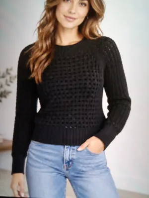 J Crew Pointelle Crewneck Sweater Black Knit Pull Over Boho Fall Womens M thumbnail 1