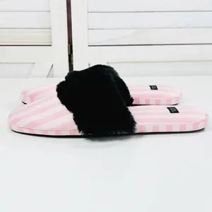 Victoria's Secret Faux Fur Trim Striped Slippers Pink Black‎ Large thumbnail 2