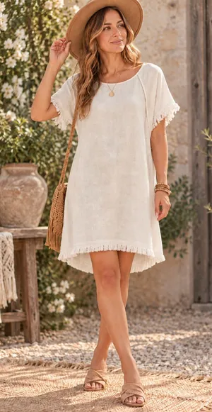 Umgee Cream Fringe Short Sleeve Swim Coverup Dress thumbnail 1