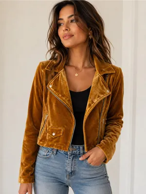 Forever 21 Velvet Moto Jacket in Mustard Gold thumbnail 1
