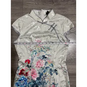 Jin He White Floral Satin Qipao Cheongsam Dress Size S Mandarin Collar Asian thumbnail 5