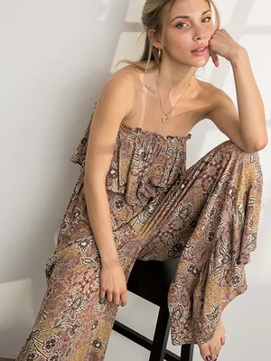 ILLA ILLA Rust and Cream Floral Smocked Jumpsuit Size Small thumbnail 4