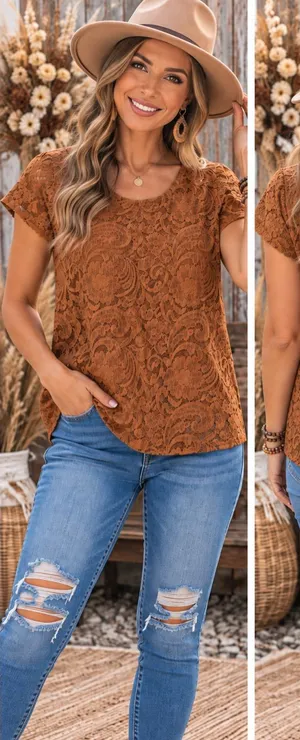 Ann Taylor Rust Lace Short-Sleeve Blouse thumbnail 1