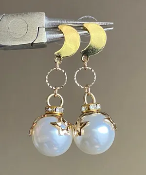 Kawaii star pearl & stainless gold moon dangle earrings 🌙🌠⭐️🌀💓 thumbnail 1