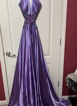 Sherri Hill Lavender Purple Plunging Evening Gown with Beaded Waist thumbnail 1