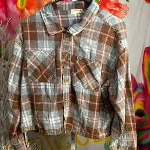 B177. Altar'd state brown + blue plaid button up shirt thumbnail 1