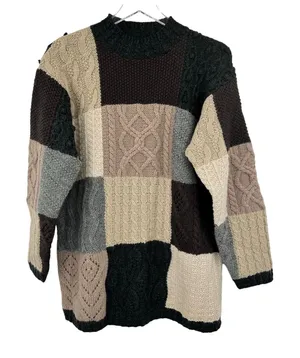 L.L. Bean 100% wool sweater vintage crew pullover patchwork chunky fisherman M Tan Size M thumbnail 1