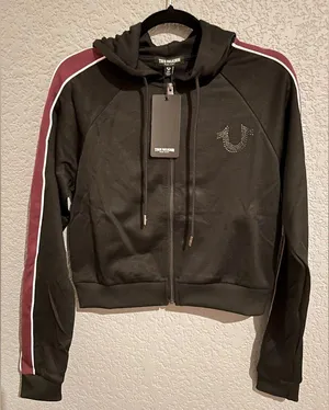 NWT True Religion Crystal Zip Hoodie Size S Black & Maroon thumbnail 3