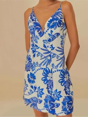 NWT FARM Rio Linen Faux Wrap Floral Birds Dress White Blue Size XS Retail $185 thumbnail 2