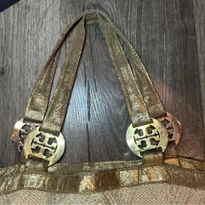 TORY BURCH Tote Bag Cable Knit METALLIC GOLD TRIM Wool Silk Lining Horse READ! thumbnail 9