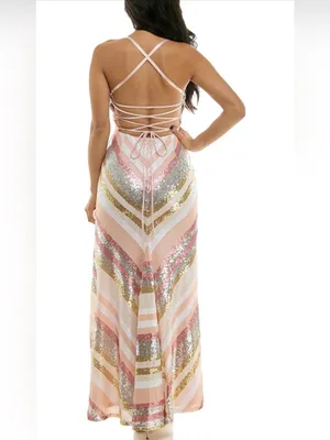 Blush Pink Sequin Striped Prom Gown with High Slit thumbnail 2
