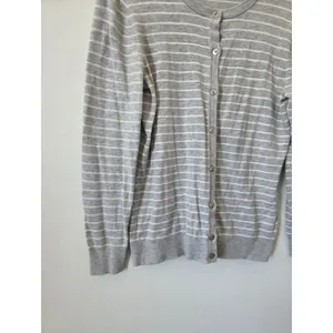 Jones New York Gray Striped Cardigan Sweater Gold Buttons Preppy Old Money M thumbnail 2