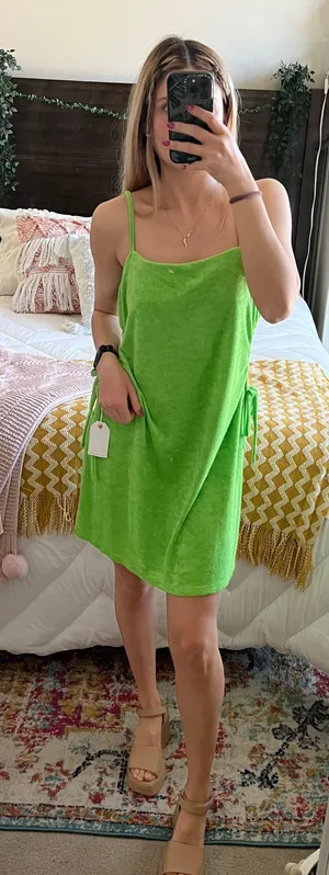 Lime Green Terry Cloth Mini Dress With Cut Out Sides thumbnail 2
