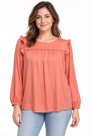 LOFT Outlet Blouse Size M Coral Ruffle Shoulder Long Sleeve Pleated Top Preppy thumbnail 1