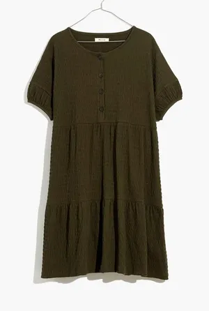 Madewell Olive Tiered Mini Dress Size S‎ Oversized Fits M/L Relaxed Crinkle NWT thumbnail 1