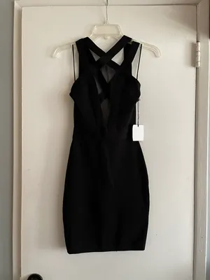 Revolve sheer mesh cut out Backless strappy plunge LBD mini black dress thumbnail 4