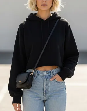 TNA‎ Aritzia Airyaf Women Fleece Crop Hoodie Black Size 2 XS Boxy Sweatshirt thumbnail 1