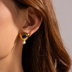 18k Gold Plated Stud Earrings Authentic Natural Stone Lapis Stainless Steel thumbnail 2