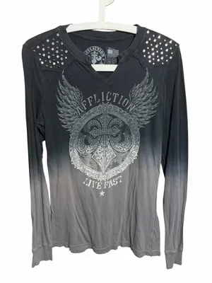 Affliction long sleeve tee studded rhinestones Live Fast black gray ombré thumbnail 1