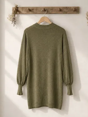 Olive Knit Sweater Mini Dress - Women's Long Sleeve Pullover thumbnail 4