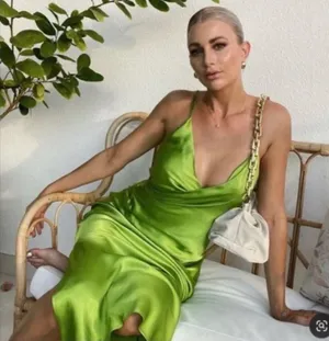 NWT ZARA Bright Green Satin Slip Midi Dress Sz XL Drapey Wrap Side Slit thumbnail 2