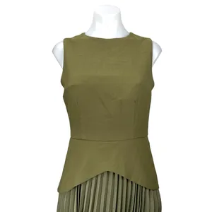 Commense Green Sleeveless Pleated Plisse Layered Mini Tank Flare A-Line Dress M thumbnail 2