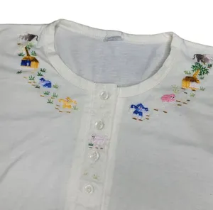 Vintage White Cotton Embroidered Henley Top With tropical Animal embroidery XL thumbnail 5