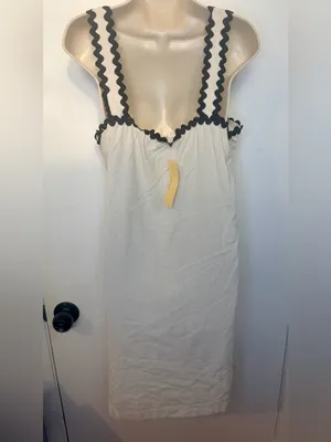4our Dreamers Size L Cream Linen Blend Dress Black Rickrack Trim Square Neck NWT thumbnail 7