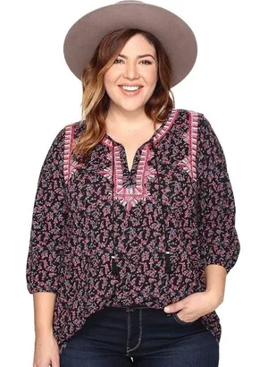 Lucky Brand Women's Black & Pink Floral Embroidered Boho Top Size 2X thumbnail 1