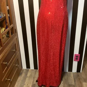 Sexy Retro Vintage 90s Red Sequin Floor Length Formal Gown Halter Neck Leg Slit thumbnail 10