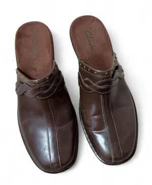 Clarks Braided Leather Mules Women 9 Brown Block Heel Clogs Studded 71469 SlipOn thumbnail 1